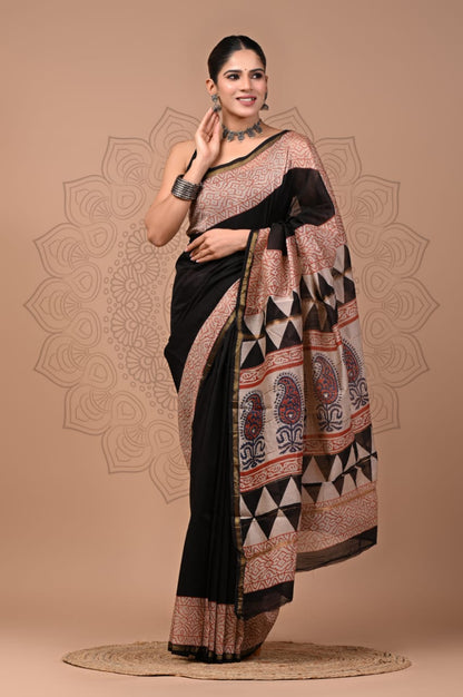 Hand Block Printed Bagru Pure Chanderi Saree with Blouse Piece