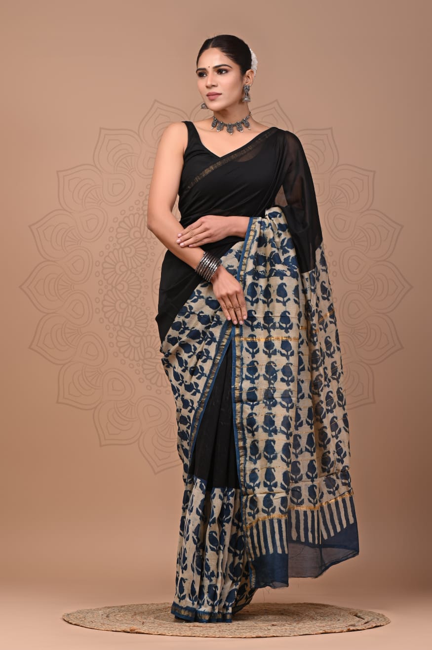 Hand Block Printed Bagru Pure Chanderi Saree with Blouse Piece