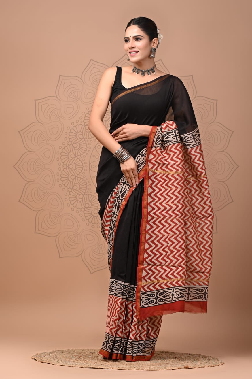 Hand Block Printed Bagru Pure Chanderi Saree with Blouse Piece
