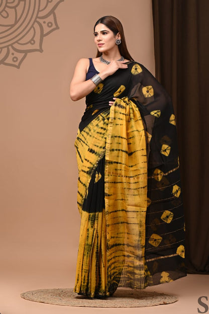 Hand Block Printed Bagru Pure Chanderi Saree with Blouse Piece