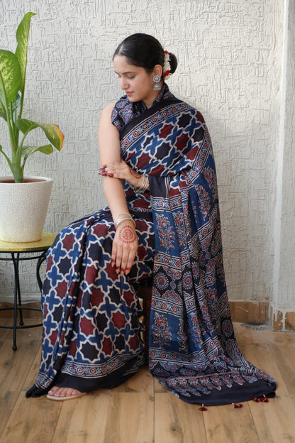 Pure Ajrakh Print Modal Silk Saree (Vegetable-Dyed) + Printed Blouse