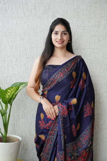 Exclusive Natural-Dye Ajrakh Vanaspati Pure Modal Silk Saree + Printed Blouse