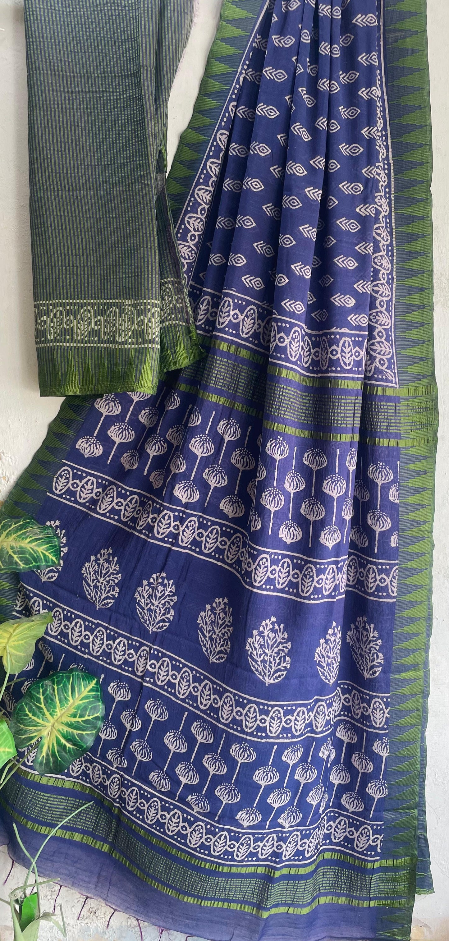 Hand Block Printed Cotton Silk Saree with Temple Border (Ajrakh & Dabu)
