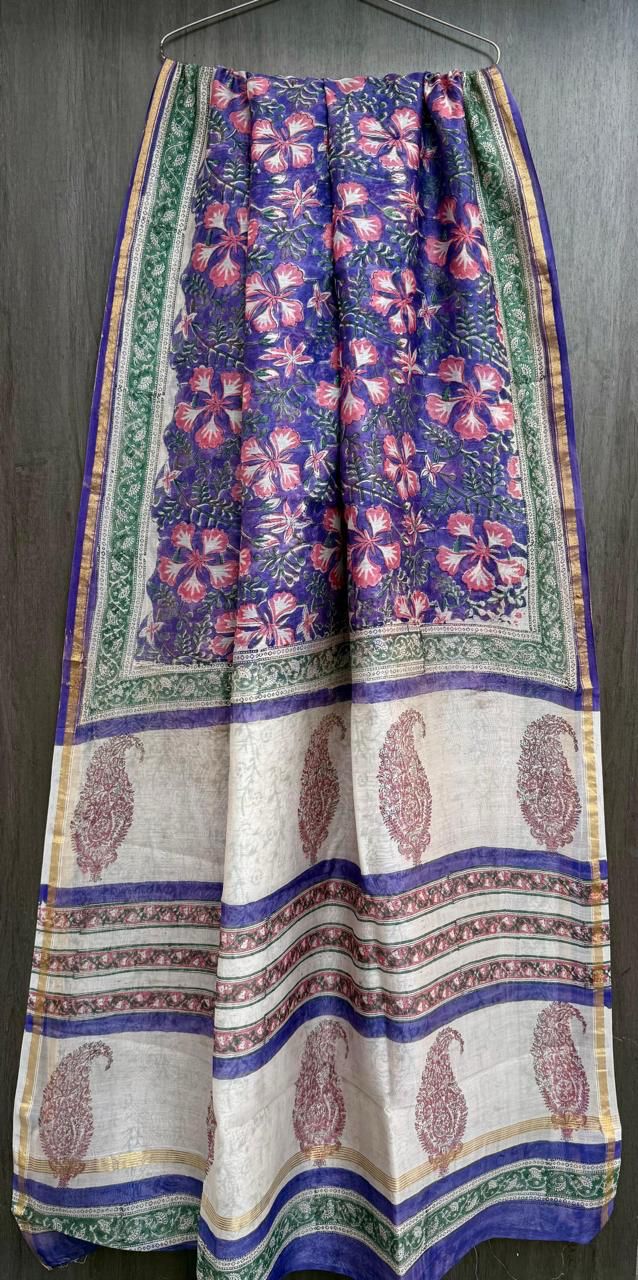 Hand Block Printed Bagru Pure Chanderi Saree with Blouse Piece