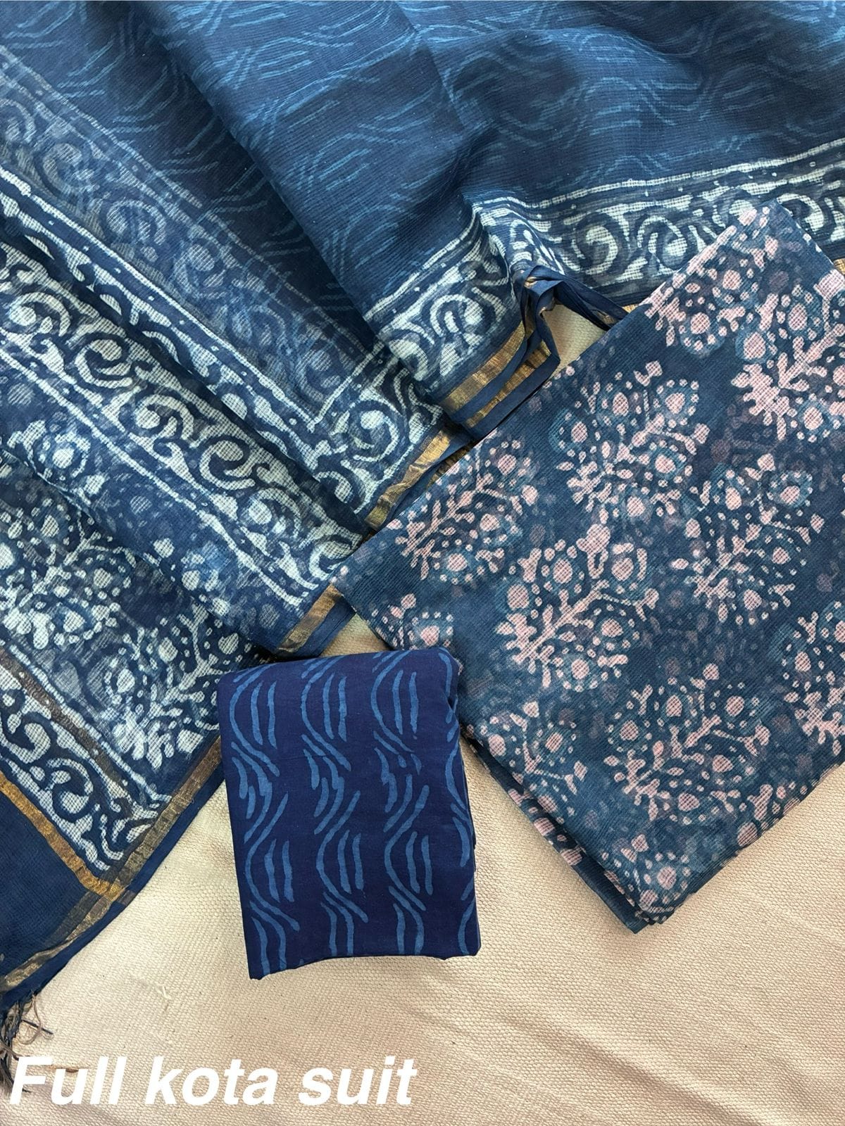 Premium Pure Full Kota Doria Suit | Hand Block Printed Silk Cotton Set