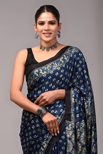 Pure Ajrakh Print Modal Silk Saree (Vegetable-Dyed) + Printed Blouse