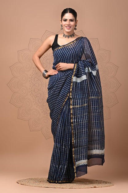 Hand Block Printed Bagru Pure Chanderi Saree with Blouse Piece