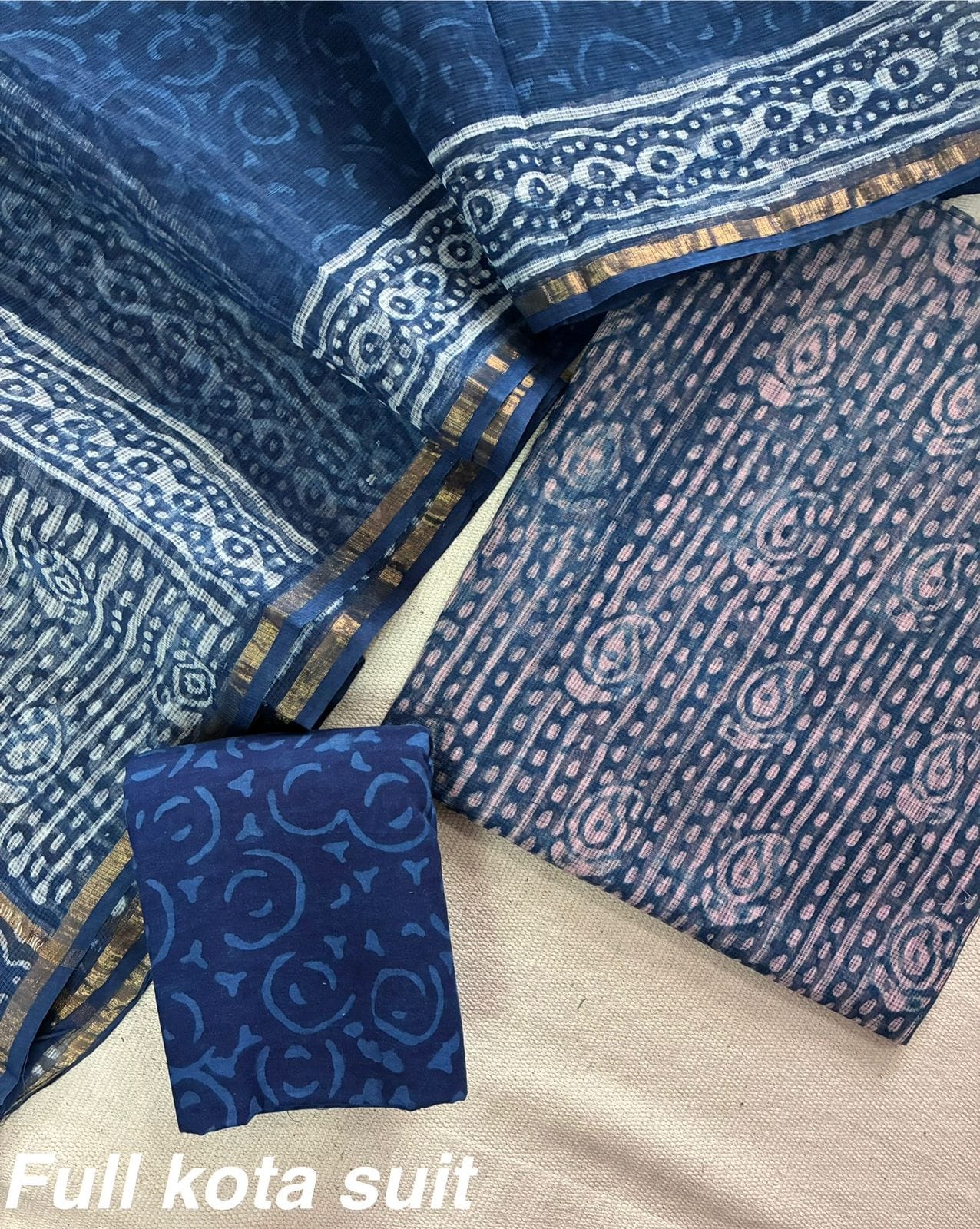 Premium Pure Full Kota Doria Suit | Hand Block Printed Silk Cotton Set