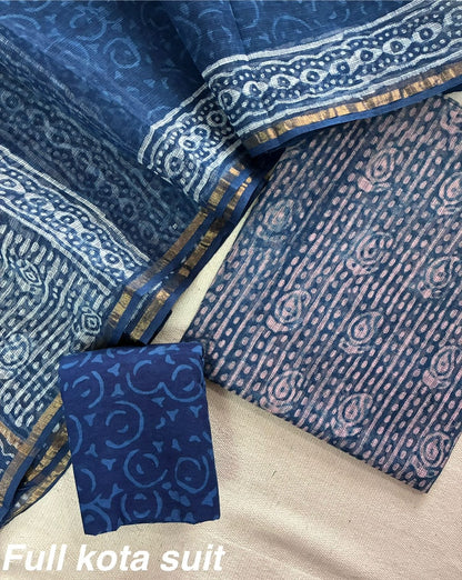 Premium Pure Full Kota Doria Suit | Hand Block Printed Silk Cotton Set