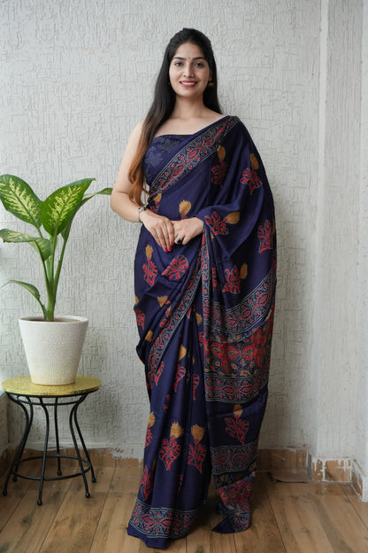 Exclusive Natural-Dye Ajrakh Vanaspati Pure Modal Silk Saree + Printed Blouse