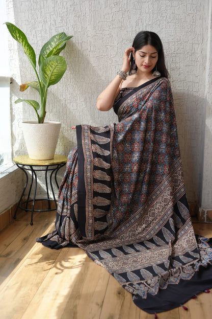 Pure Ajrakh Print Modal Silk Saree (Vegetable-Dyed) + Printed Blouse