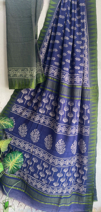 Hand Block Printed Cotton Silk Saree with Temple Border (Ajrakh & Dabu)
