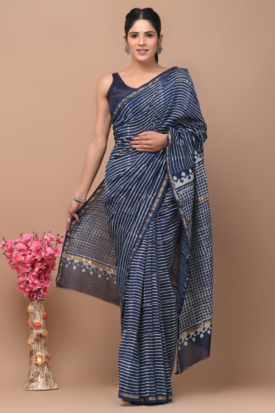 Hand Block Printed Bagru Pure Chanderi Saree with Blouse Piece