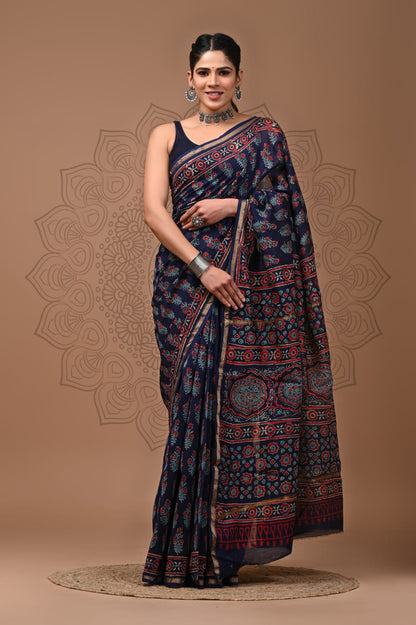 Hand Block Printed Bagru Pure Chanderi Saree with Blouse Piece