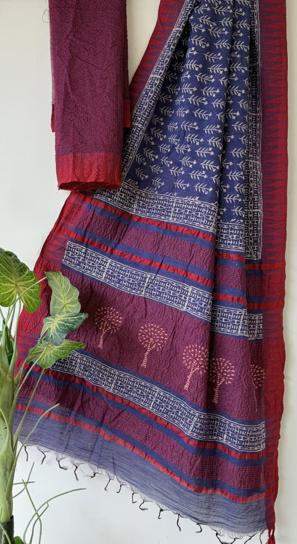 Hand Block Printed Cotton Silk Saree with Temple Border (Ajrakh & Dabu)