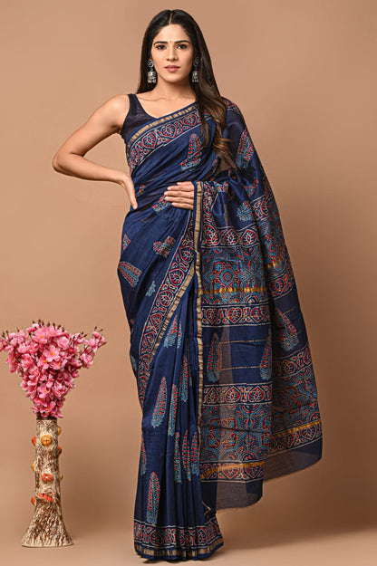 Hand Block Printed Bagru Pure Chanderi Saree with Blouse Piece