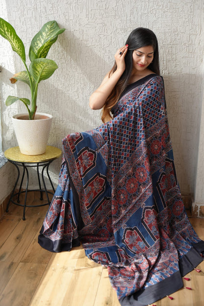Pure Ajrakh Print Modal Silk Saree (Vegetable-Dyed) + Printed Blouse