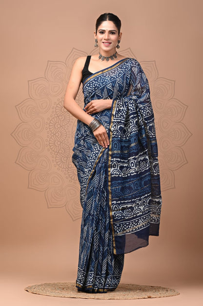 Hand Block Printed Bagru Pure Chanderi Saree with Blouse Piece
