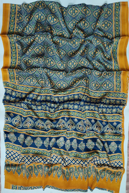 Premium Natural Ajrakh Hand Block Printed Modal Silk Saree