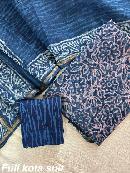 Premium Pure Full Kota Doria Suit | Hand Block Printed Silk Cotton Set