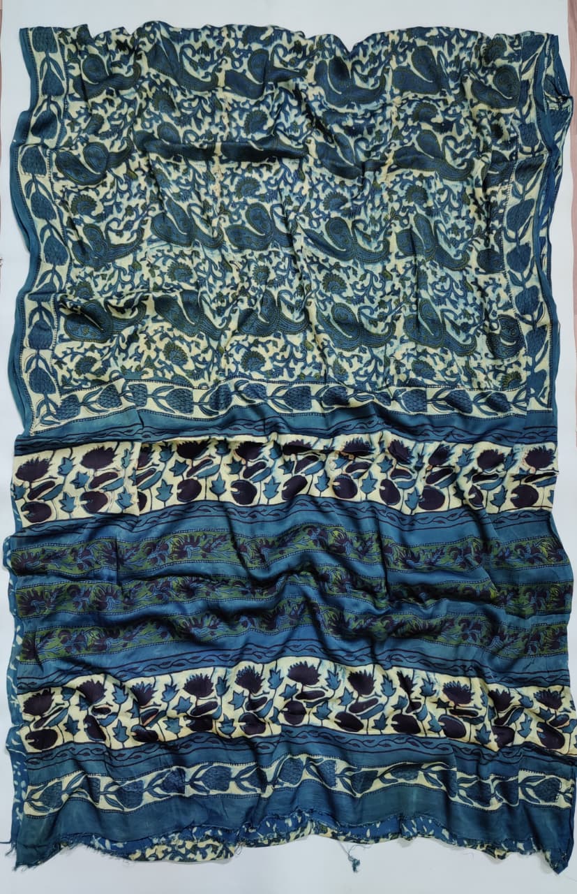 Premium Natural Ajrakh Hand Block Printed Modal Silk Saree