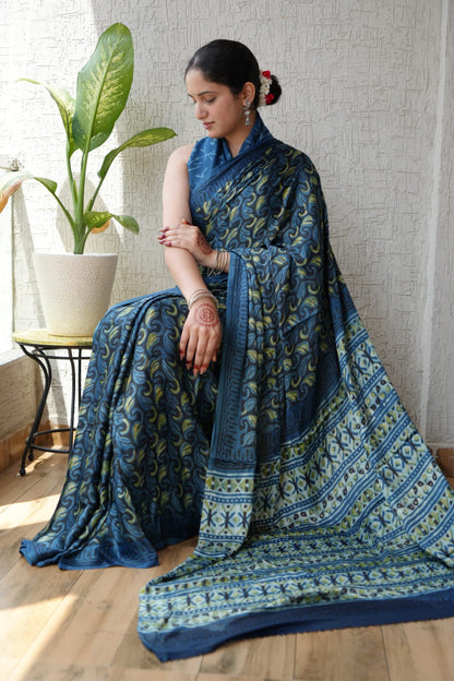 Exclusive Natural-Dye Ajrakh Vanaspati Pure Modal Silk Saree + Printed Blouse