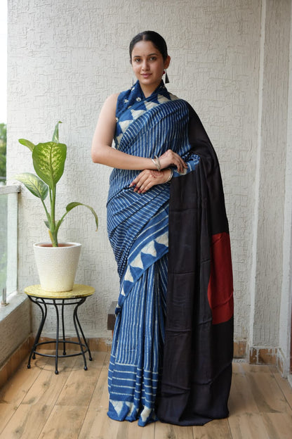 Exclusive Natural-Dye Ajrakh Vanaspati Pure Modal Silk Saree + Printed Blouse