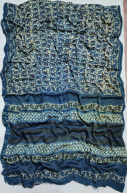 Premium Natural Ajrakh Hand Block Printed Modal Silk Saree