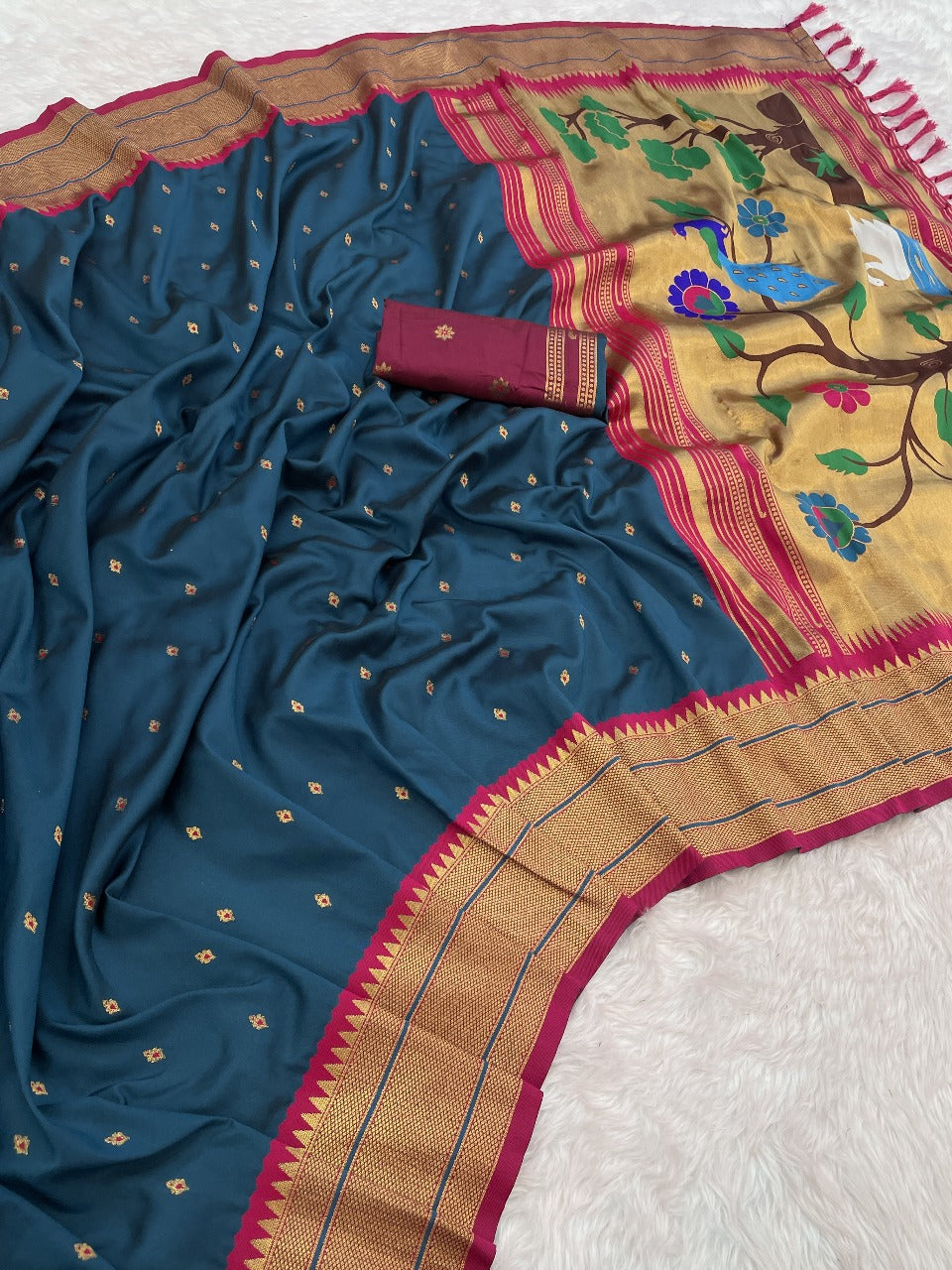 Paithani Silk Saree with Gold Zari Motifs & Swan Meenakari Pallu