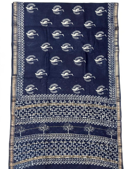 Traditional Hand Block Printed Maheshwari Silk Saree with Zari