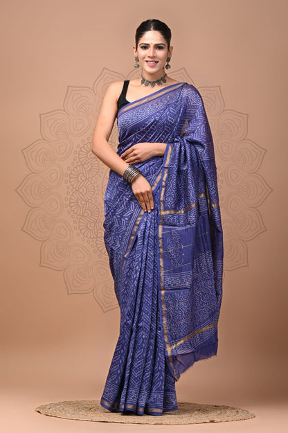 Hand Block Printed Bagru Pure Chanderi Saree with Blouse Piece