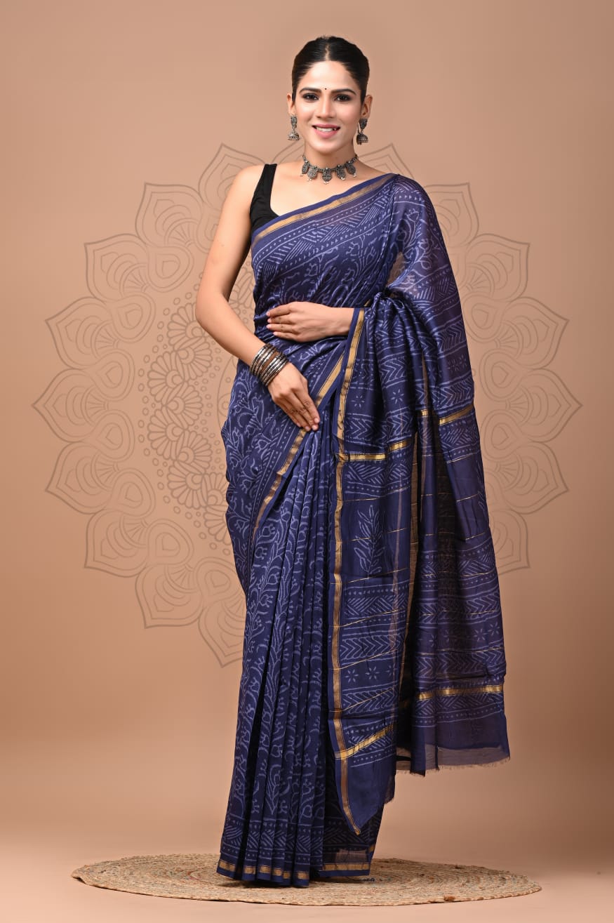 Hand Block Printed Bagru Pure Chanderi Saree with Blouse Piece