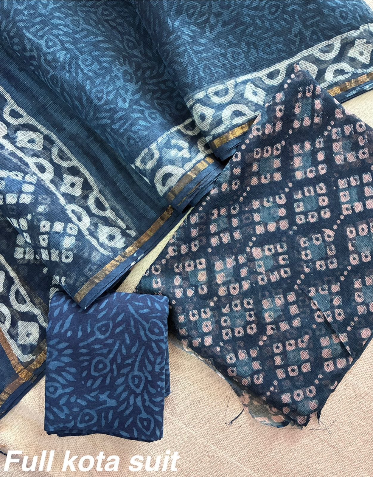 Premium Pure Full Kota Doria Suit | Hand Block Printed Silk Cotton Set