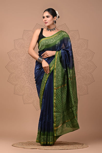 Hand Block Printed Bagru Pure Chanderi Saree with Blouse Piece