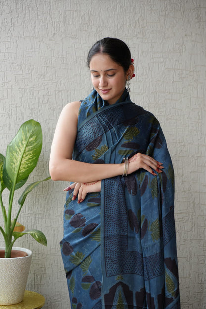 Exclusive Natural-Dye Ajrakh Vanaspati Pure Modal Silk Saree + Printed Blouse