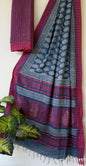 Hand Block Printed Cotton Silk Saree with Temple Border (Ajrakh & Dabu)