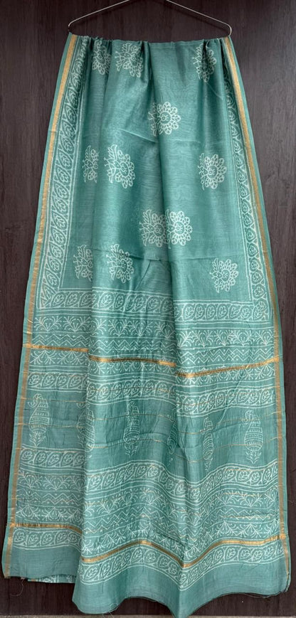 Hand Block Printed Bagru Pure Chanderi Saree with Blouse Piece