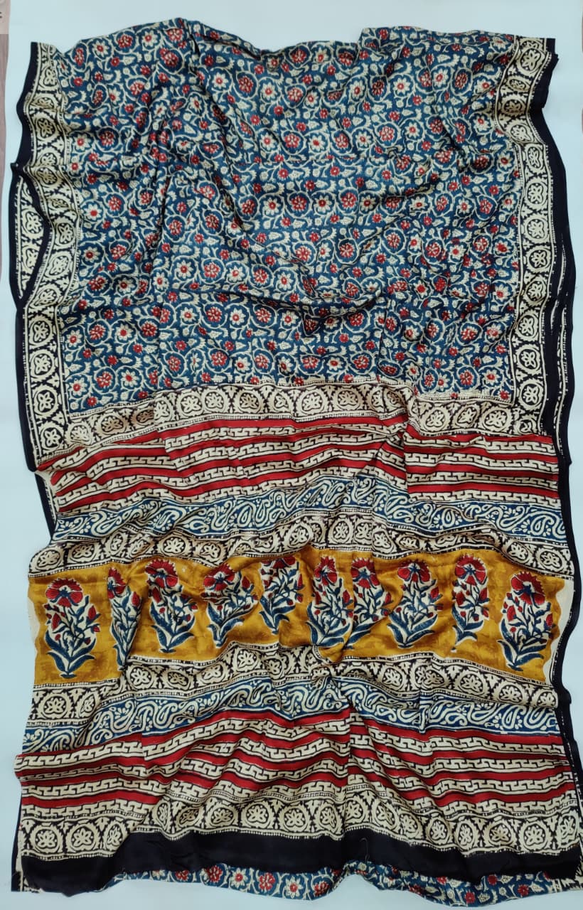 Premium Natural Ajrakh Hand Block Printed Modal Silk Saree