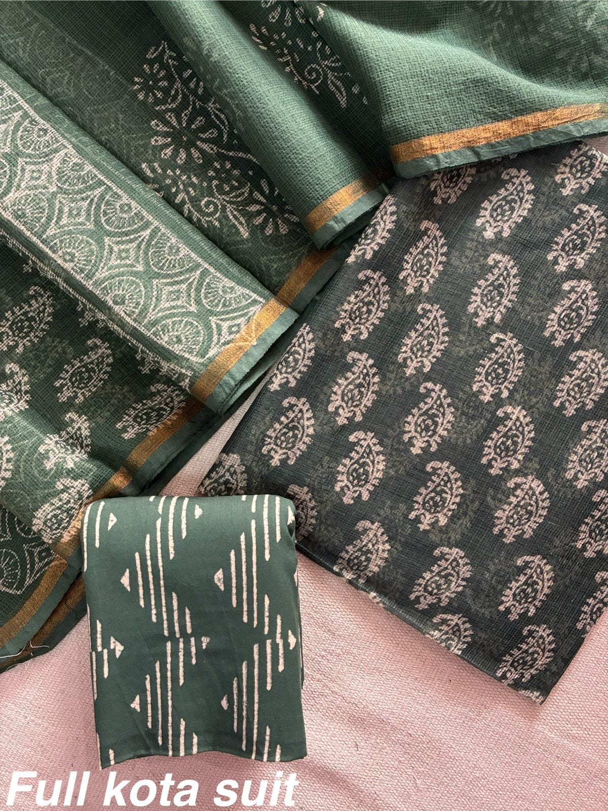 Premium Pure Full Kota Doria Suit | Hand Block Printed Silk Cotton Set