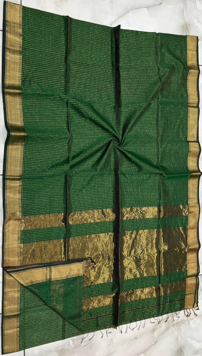 Exclusive Pure Handwoven Maheshwari Silk Saree with Golden Jari Chek Motifs