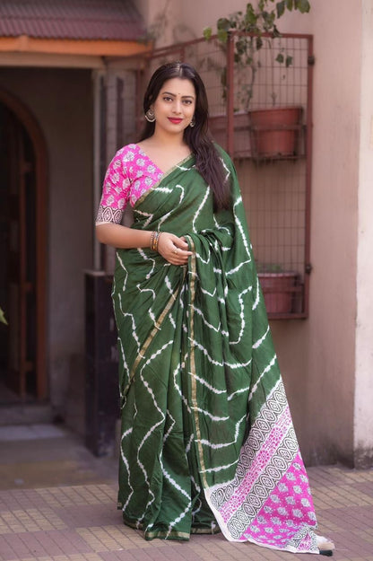 Soft Pure Chanderi Leheriya Saree with Ajrakh Pallu + Cotton Tassels