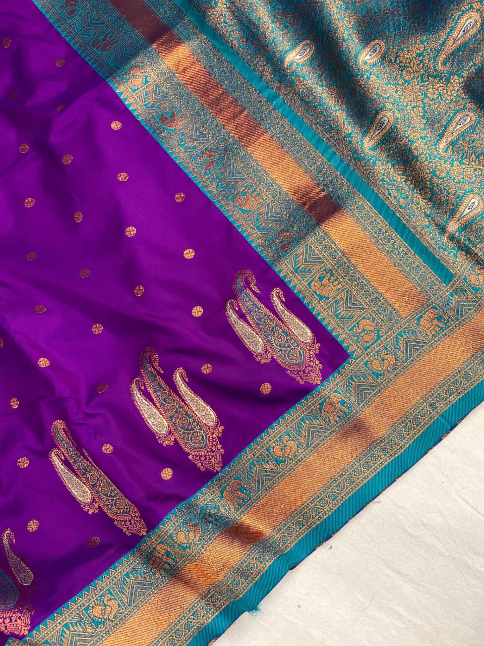 Paithani Silk Saree with Rich Contrast Weaving Pallu & Border