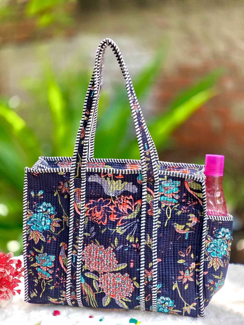Cotton Quilted Tote Bag with Zip & External Water Bottle Pocket