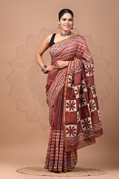 Hand Block Printed Bagru Pure Chanderi Saree with Blouse Piece