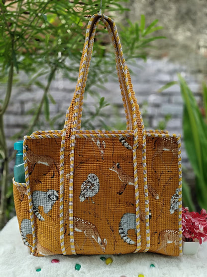 Cotton Quilted Tote Bag with Zip & External Water Bottle Pocket