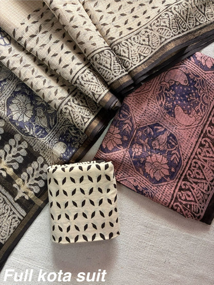 Premium Pure Full Kota Doria Suit | Hand Block Printed Silk Cotton Set