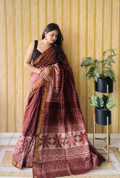 Traditional Hand Block Printed Maheshwari Silk Saree with Zari