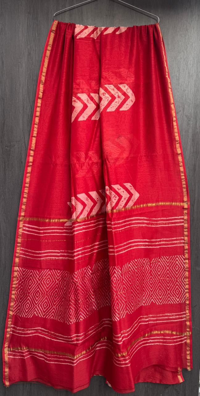 Hand Block Printed Bagru Pure Chanderi Saree with Blouse Piece