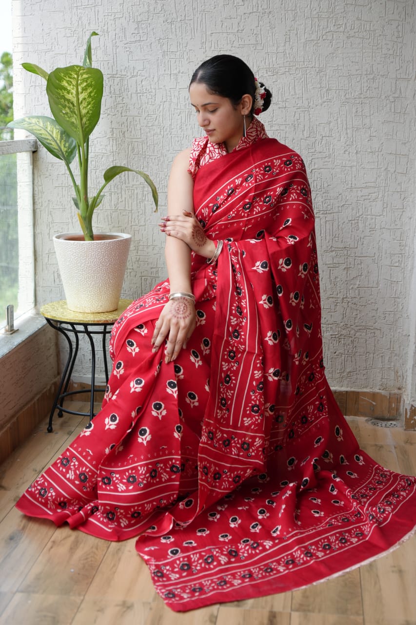 Exclusive Natural-Dye Ajrakh Vanaspati Pure Modal Silk Saree + Printed Blouse