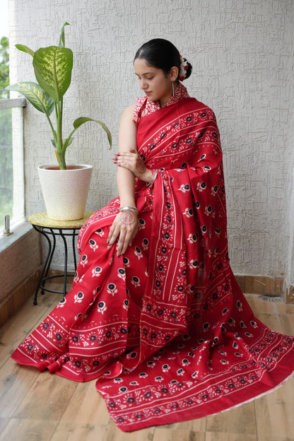 Exclusive Natural-Dye Ajrakh Vanaspati Pure Modal Silk Saree + Printed Blouse